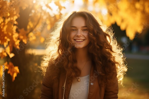 Realistic portrait of a young happy smiling woman in an autumn park, captured with the essence of golden-hour sunlight