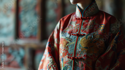A close-up of a Chinese woman adorned in a luxurious red silk robe featuring intricate embroidery patterns