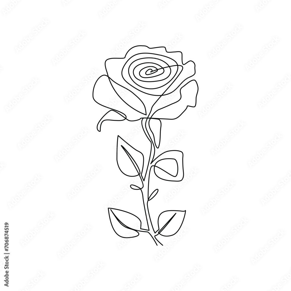 Rose flower in one line art outline simple drawing vector illustration on white background. Rose line art drawing