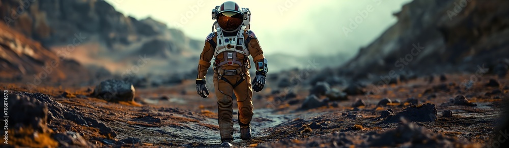 Lonely Astronaut On A Desert Planet. Illustration On The Theme Of Space And Travel, Science And Technology. Generative AI Lonely Astronaut On A Desert Planet. Illustration On The Theme Of Space And Travel, Science And Technology. Generative AI