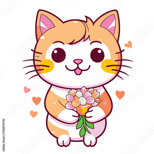 Happy Cat Holding a Bouquet. Cute Kitten Illustration for Valentine s Day  Wedding  March 8  Mother s Day. Flat Vector Illustration Isolated on a Transparent PNG Background