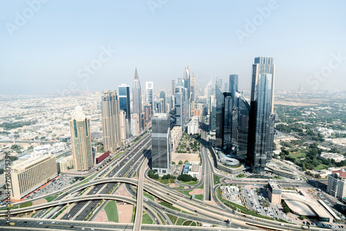 wide avenue among the skyscrapers of Dubai top view.
