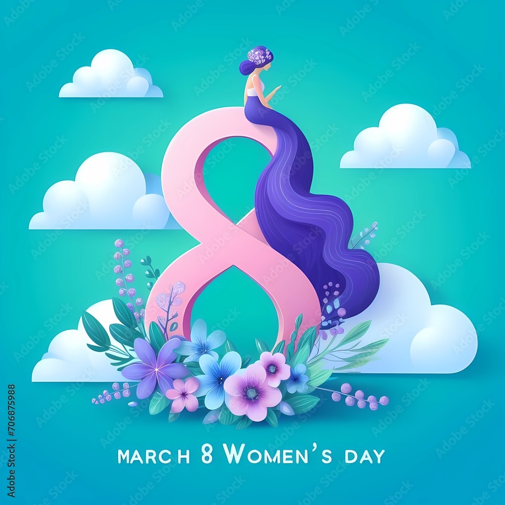 Naklejka premium Happy womens day background with clouds and flowers
