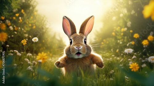 Funny Easter bunny hopping in a meadow with selective focus and copy space, hyper-realistic illustration, inspired by Caravaggio's lighting photo