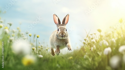 Funny Easter bunny hopping in a meadow with selective focus and copy space, hyper-realistic illustration, inspired by Caravaggio's lighting © anupdebnath