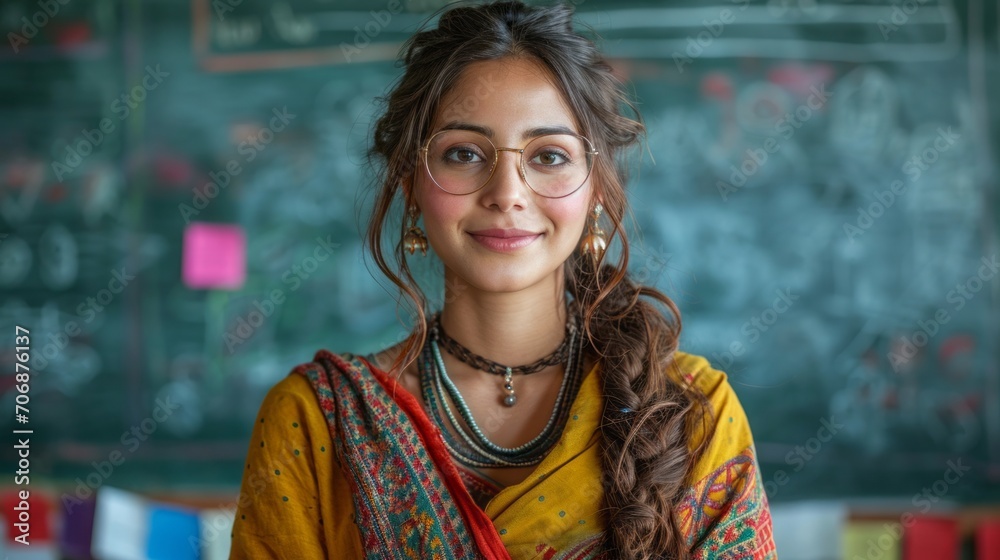 Portrait of Indian lady teacher stands in front of a blackboard