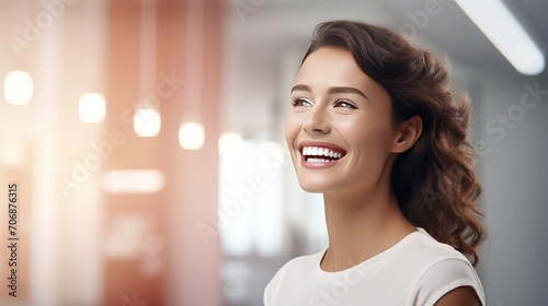 The essence of dental care - a radiant woman showcasing her beautiful and healthy smile, with a background of a modern dental clinic