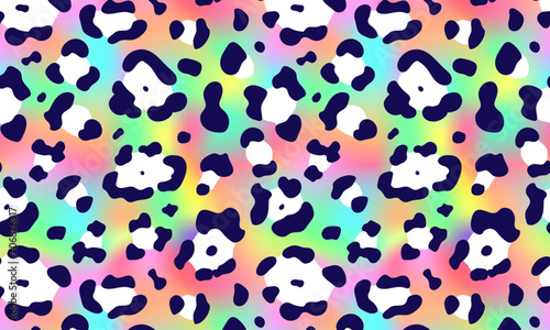 Trendy Neon Leopard pattern horizontal background. Vector rainbow wild animal leo skin, cheetah texture with black and white spots on gradient background for fashion print design, wallpapers.