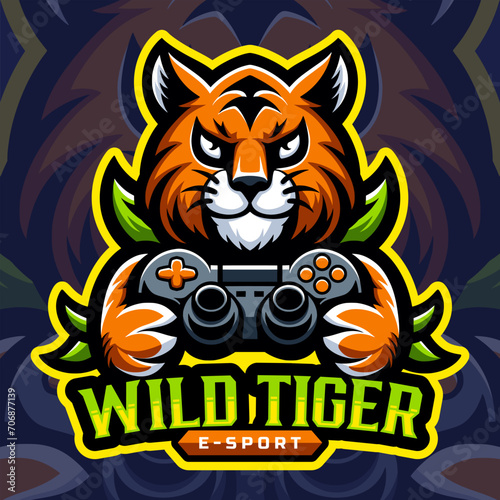 Wild tiger cute esport logo design. Mascot vector illustration