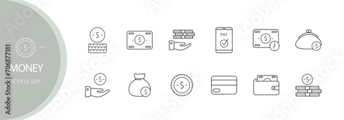 Money line icon set. Credit card, wallet, coins.