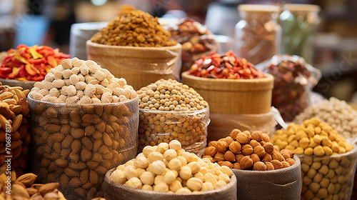 chickpea and other dried food products on the arab street market stall.