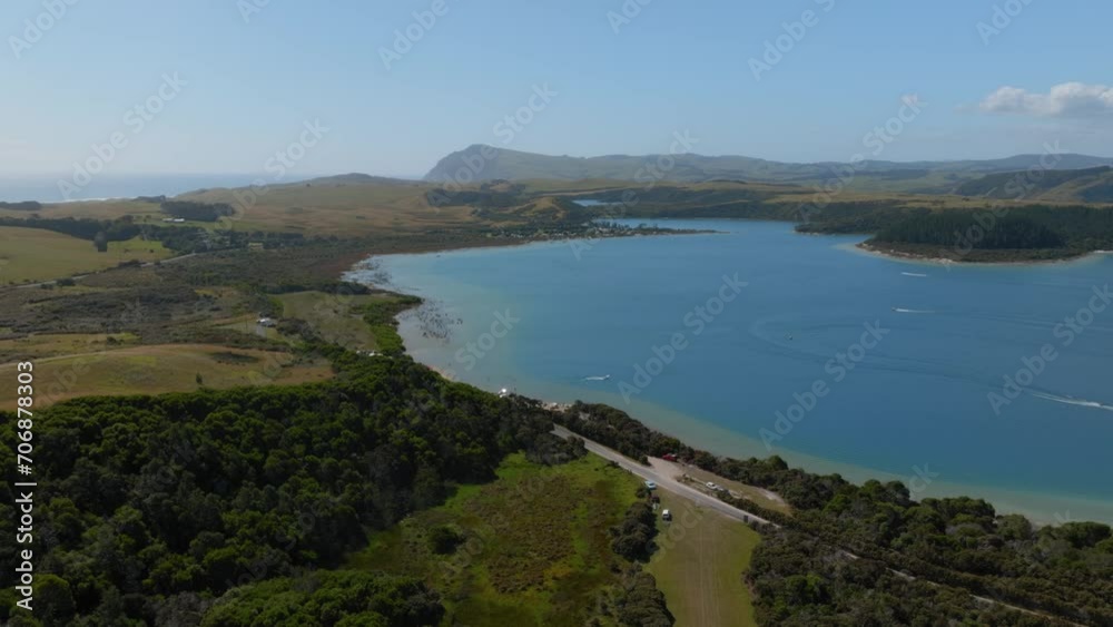 Aerial: Kai Iwi Lakes in summer time. Dargaville, Northland, New Zealand. Aerial: Kai Iwi Lakes in summer time. Dargaville, Northland, New Zealand.