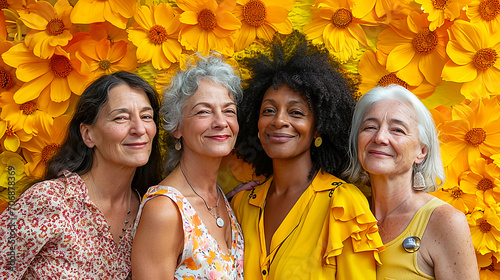 Portrait pictures of various women with flowers in the background.