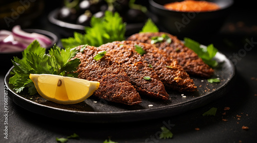 delicious Lebanese Arabic food kibbeh kibe on black slate photo