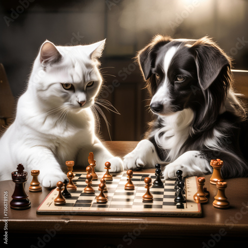 Dog and cat play chess