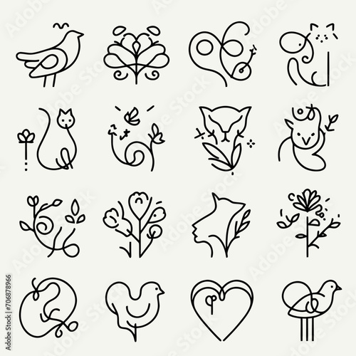 Set of hand drawn icons for design, Logos, Singel Line Art Logos