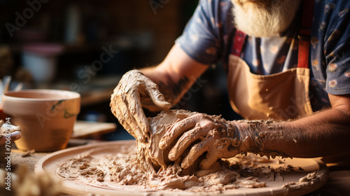 An artist's hands immersed in clay, molding a delicate vase.