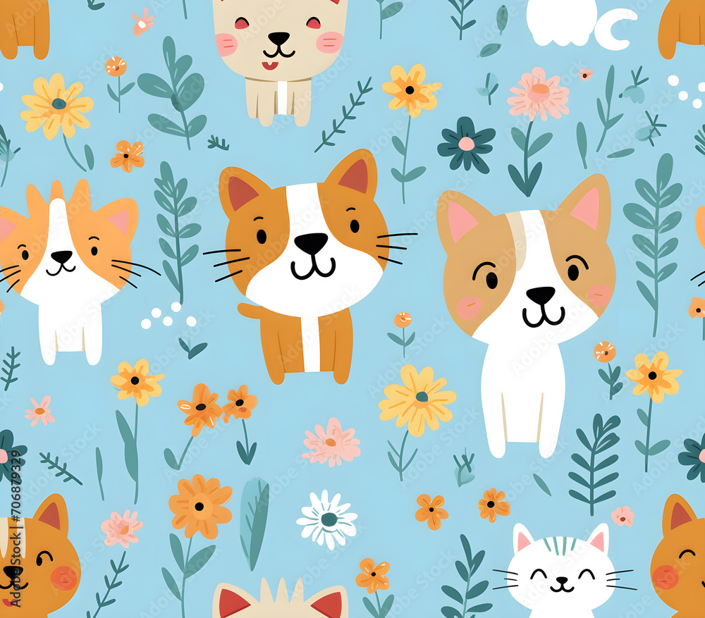 seamless pattern with cats and dogs and flowers seamless pattern with cats and dogs and flowers