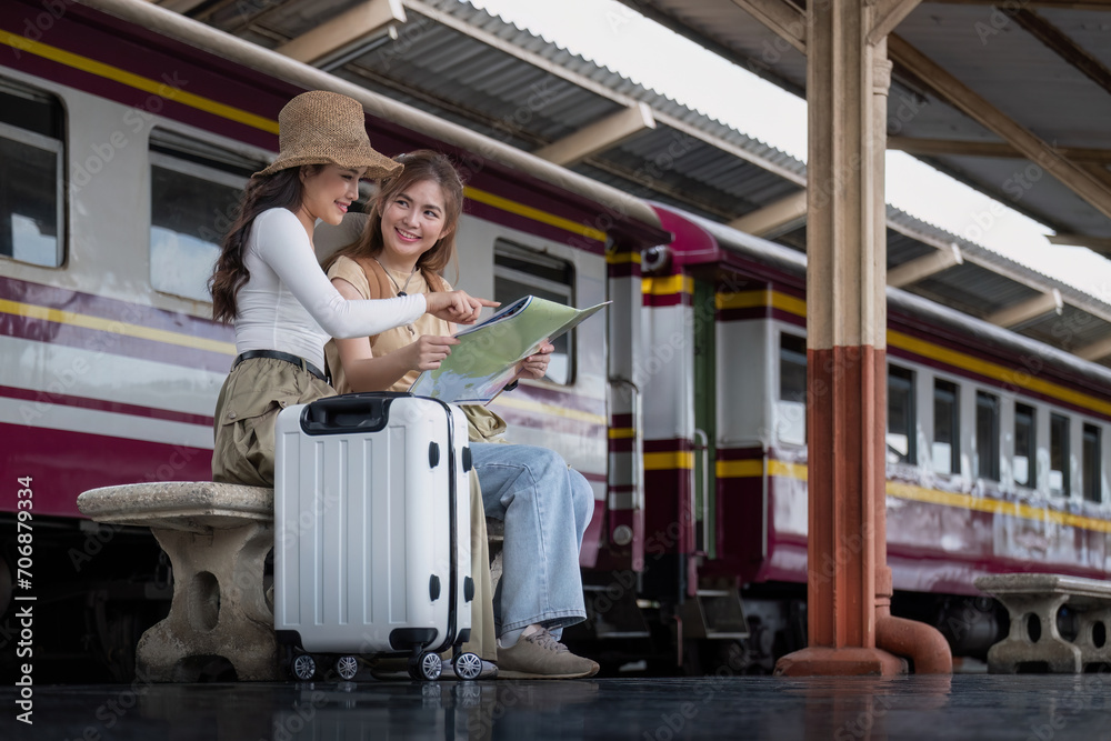 Travel concept. girl friend wear hat holding map have bag and luggage. female traveller waiting train at train station Travel concept. girl friend wear hat holding map have bag and luggage. female traveller waiting train at train station
