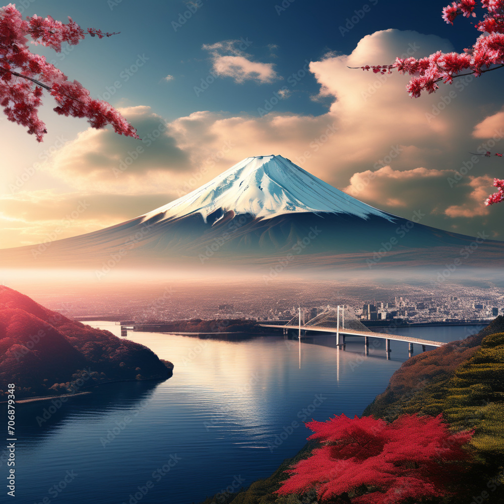 Mount Fuji in Japan. Beautiful mountain, river and amazing nature
