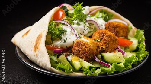 delicious falafel and fresh vegetables in pita bread