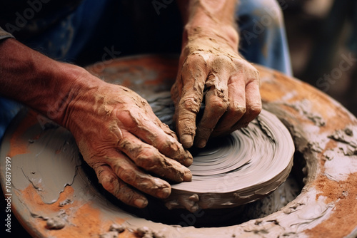 A potterвs hands centering a piece of clay on the wheel. photo