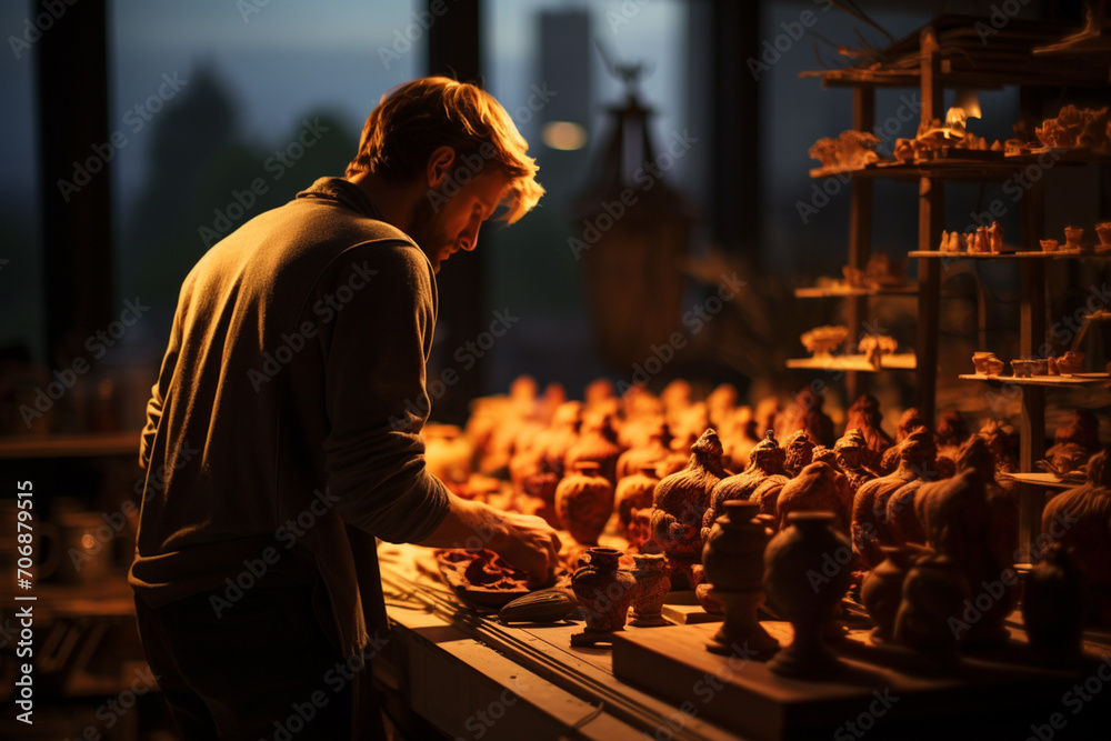 A potter's silhouette against the backdrop of a brightly lit studio. - obrazy, fototapety, plakaty 