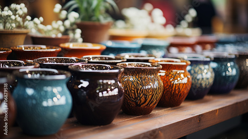 A series of glazed and unglazed pots showcasing different textures. photo