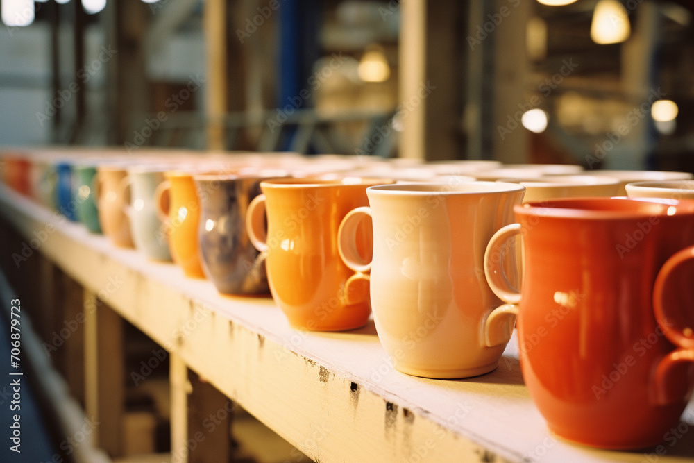 A row of freshly made ceramic mugs awaiting glazing. A row of freshly made ceramic mugs awaiting glazing.