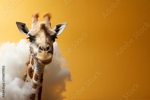 A giraffe cloud with its long neck stretching up on a soft yellow background.