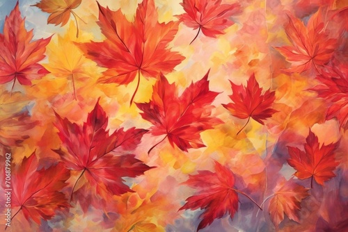 Vibrant painted background with autumn floral motif in shades of red and yellow leaves. Generative AI © Elizaveta