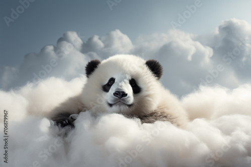 A panda cloud lazily resting on a minimalist white background.
