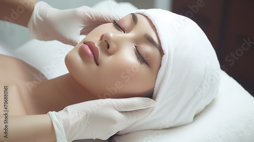 A Beauty expert massaging young woman's face Close up of beautiful Asian woman's head in white hat and doctor's hands in gloves lying on treatment bed.