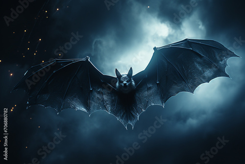 A bat cloud flying in the night sky on a midnight blue background.