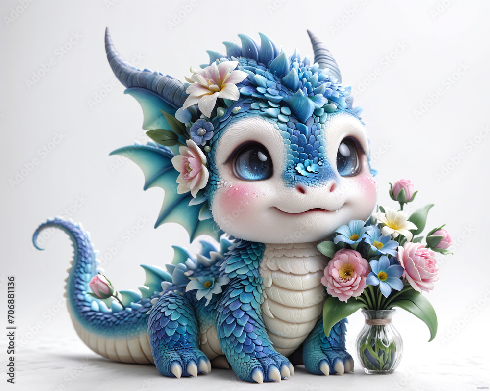 cute little dragon surrounded by flowers on a white background, next to a bouquet of flowers. Generative AI