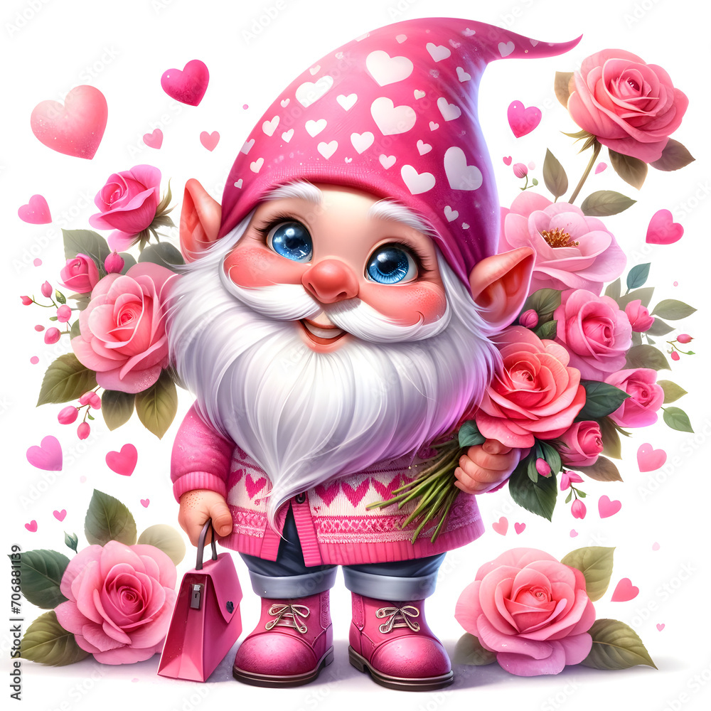 Fototapeta premium Valentines gnome, Valentines day, Rose and heart