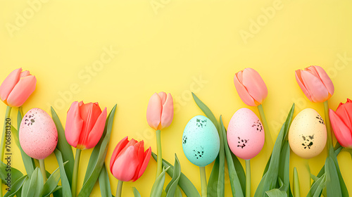 Easter eggs and tulips on yellow background  space for text.