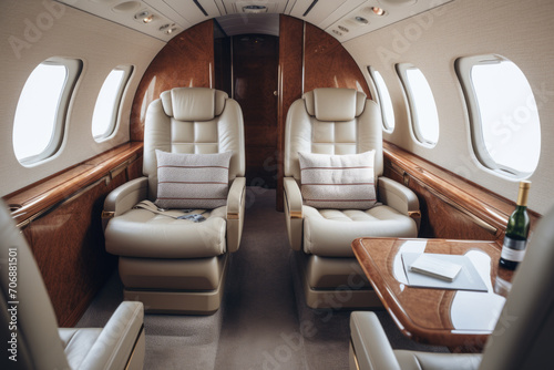 Luxurious cabin inside a private jet with plush seating. The concept depicts exclusive air travel comfort.