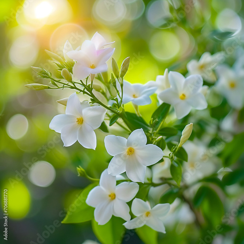 white flowers with green leaves against s vibrant bokeh background AI generated.