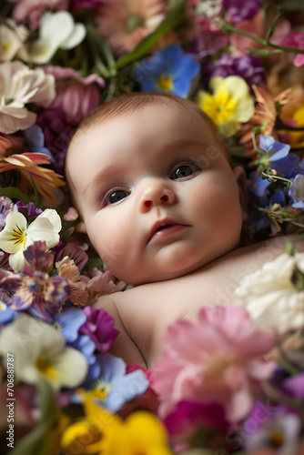studio portrait of a baby laying in flowers