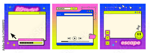 The screen of an old retro PC in the y2k style. Retro wave and vaporwave background. Bright vintage computer interface