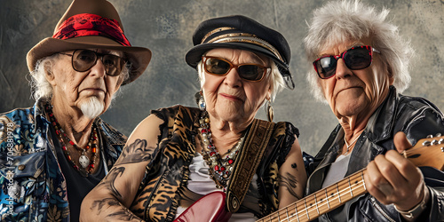 funny studio portrait of 3 seniors dressed as rockstars photo