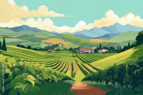 Illustration of picturesque vineyards with grapevines and hilly landscape. Generative AI