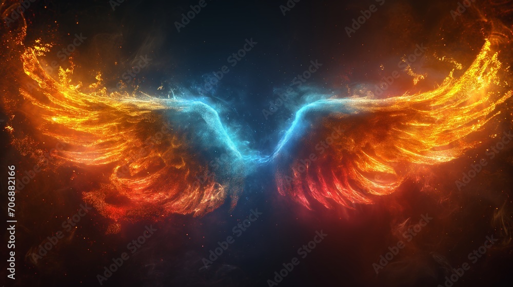 burning angel wings in different colors on a plain background, Generative AI