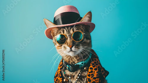 studio portrait of cat wearing sunglasses and hat isolated on blue background with copy space