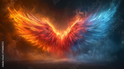burning angel wings in different colors on a plain background, Generative AI photo