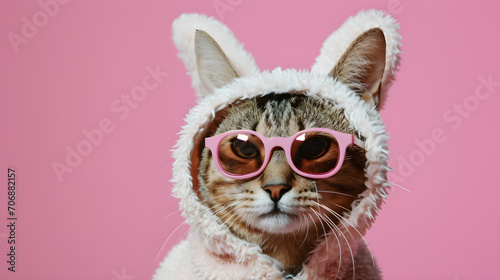 studio portrait of cat wearing sunglasses isolated on pink background with copy space
