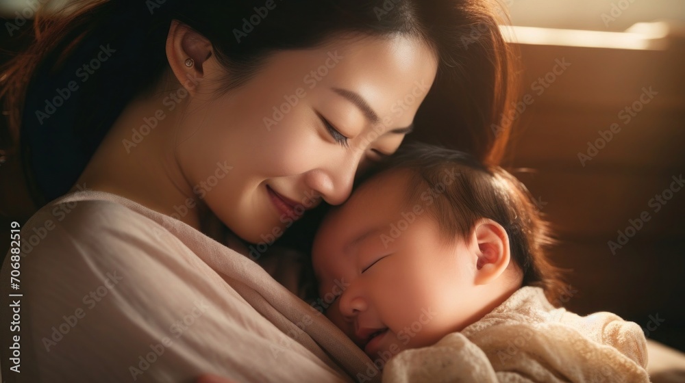 Close-up photo a mother lovingly embracing her newborn child Close-up photo a mother lovingly embracing her newborn child