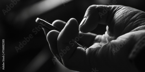 A person holding a cell phone in their hand. Can be used to illustrate technology, communication, or mobile devices © Fotograf