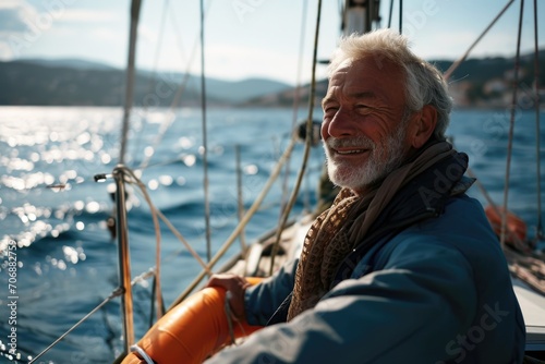 A man is sitting on a boat in the water. This image can be used to depict leisure, relaxation, or outdoor activities © Fotograf